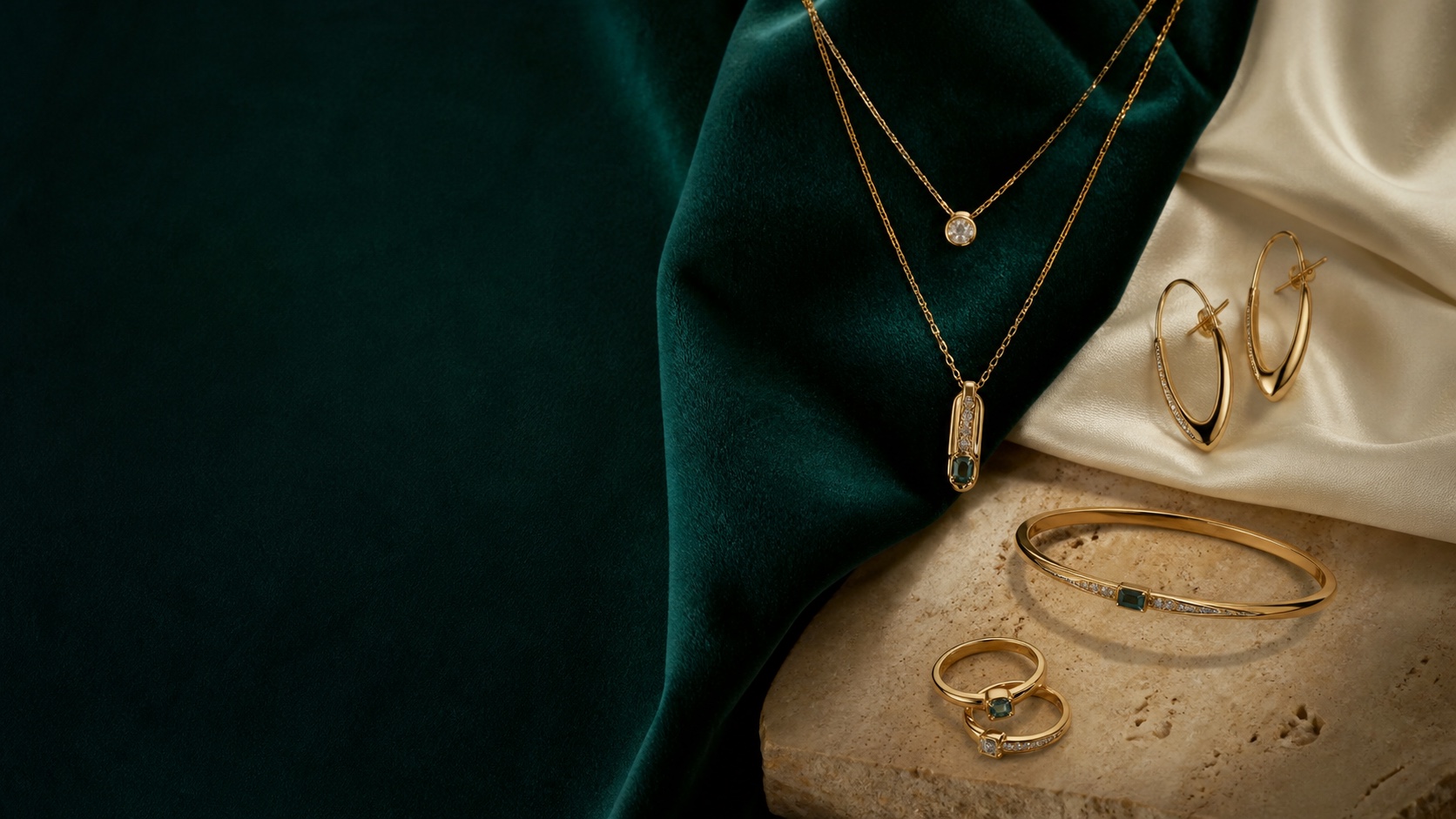 Gold jewellery arranged on deep teal velvet, ivory silk, and warm stone